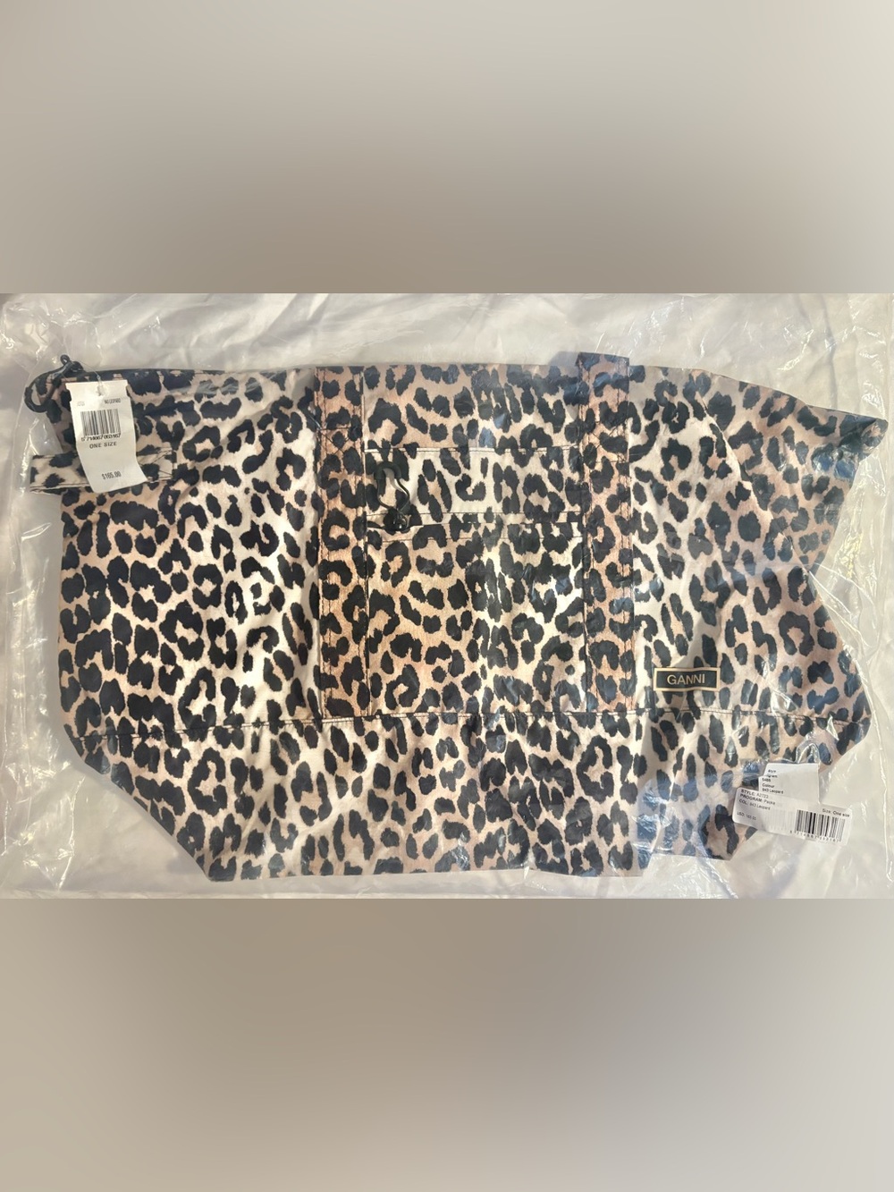 Ganni Black Beige 943 Leopard Print Large Nylon Packable Tote Bag A2723 Rare NWT